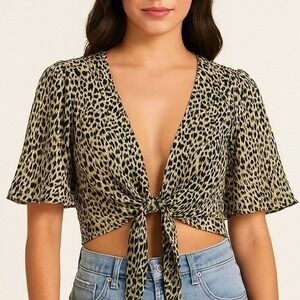 Animal Print Crop Top SMALL Tie Front Flutter Sleeve Edgy Party Going Out